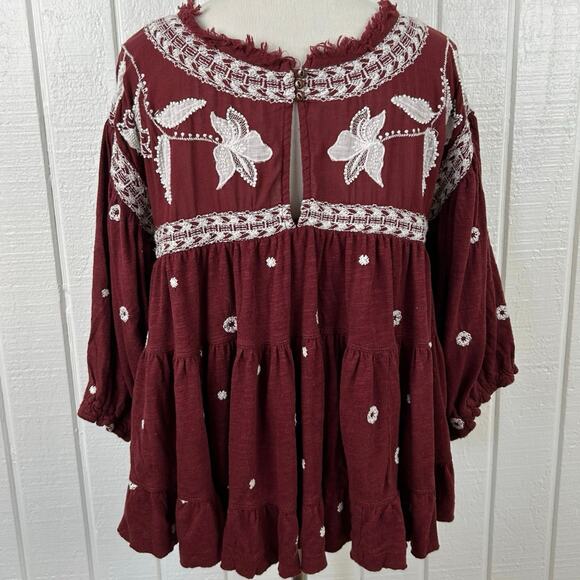 Free People Women Edie Tiered Embroidery Blouse Top Boho Western Red Size XS - Picture 8 of 10